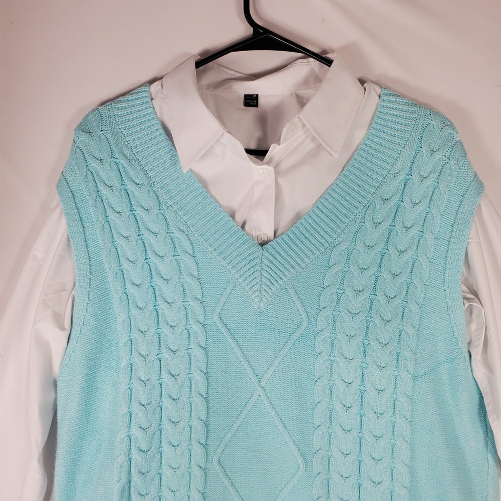 Design in Italy 2-Piece Set Blue Cable Knit Sweater Vest & White Button Down M/L